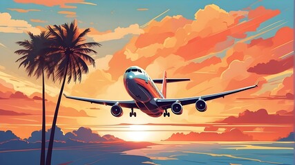 In this digital illustration, an airplane glides gracefully above a line of palm trees against the backdrop of a clear sunset sky. The airplane is rendered with bold lines and vibrant colors, exuding 