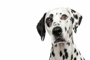 KS portrait of dalmatian dog looking to the side on whit.
