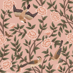 Vintage botanical garden tree, birds, butterfly floral seamless pattern pink background. Exotic chinoiserie wallpaper.
- 774076970
