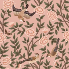 Zelfklevend Fotobehang Vintage botanical garden tree, birds, butterfly floral seamless pattern pink background. Exotic chinoiserie wallpaper.   © good_mood