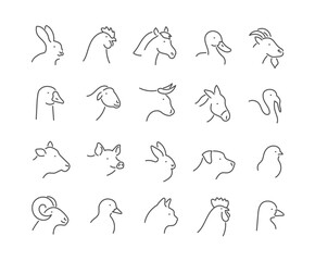 Set of linear farm animal icons. Editable stroke