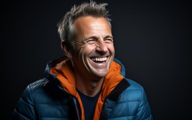 Fototapeta premium A man wearing a blue and orange jacket is smiling