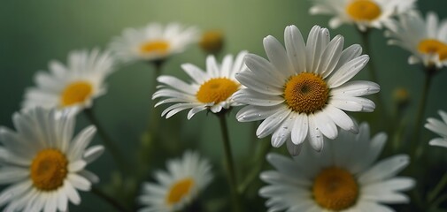 White daisies on a green background. Chamomile flowers - obrazy, fototapety, plakaty