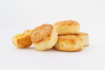 Multiple small mooncakes on white background