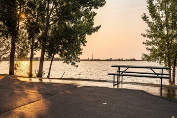 Beautiful landscape of trees by the lake on the sunset