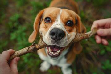 Playful Beagle Tugging on a Stick Outdoors - obrazy, fototapety, plakaty