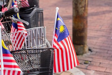 Malaysian flags hoisted on a bicycle during the 64th Independence Day
