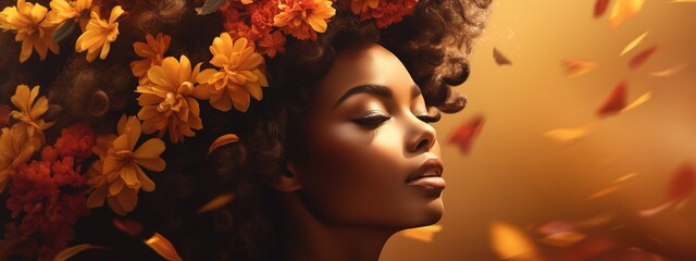 Serene African woman against a backdrop of copyspace, adorned with delicate flowers, evoking a sense of tranquility and peace.