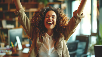 Happy beautiful woman with arms raised in the office, celebrating the success of the company's.