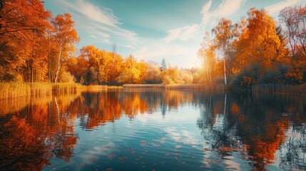Autumn landscape in colorful lake. Golden fall leaves on beautiful lake. Red forest scenery in stunning nature. Autumn colors in the pond in the deep forest. Fall season in colorful forest. - obrazy, fototapety, plakaty