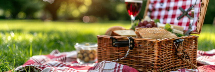 Summer Picnic Basket with Wine and Snacks in Green Park - obrazy, fototapety, plakaty