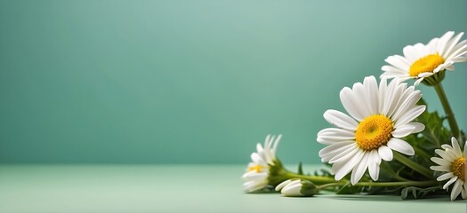 daisy chamomile flowers on green background with copy space