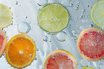 Carbonated drink and fruit slices of lemon, lime and orange floating in it. Summertime background.