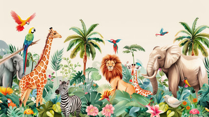 African Safari Animals Vector Illustration: Lion, Giraffe, Zebra, Elephant, Parrots, and Tropical Jungle Flora