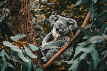 Naklejka premium Koala sitting on a eucalyptus tree branch