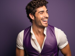 Obraz premium A man with a purple vest and white shirt is smiling and laughing