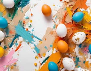 colorful wallpaper with Easter elements in the corner of the image, top view, on a white background, with an empty space to copy