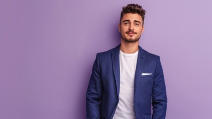Isolated on pastel purple background studio portrait of young successful business man lawyer 20s wearing formal blue suit and white t-shirt, working in office, looking aside in pocket.