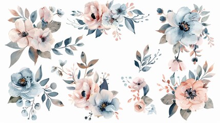 Decorative watercolor floral illustration set. DIY blush pink blue flower, green leaf individual elements - for bouquets, wreaths, wedding invitations, birthday, anniversary, postcards, greeting - obrazy, fototapety, plakaty