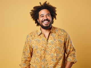 Fototapeta premium A man with a bright color shirt is smiling and laughing