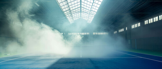 Professional tennis court, stadion, arena with dramatic steam or smoke. Sport lifestyle background. Copy space. Mockup or banner for sports competitions. Generative ai	