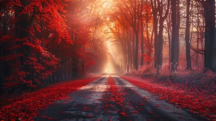Poster Donkerrood autumn road in sunrise- red color panoramic forest landscape