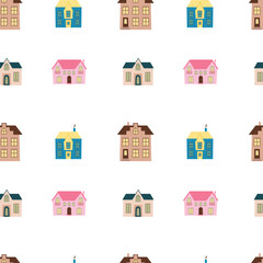 Cute flat houses seamless pattern on white background. Different town houses vector seamless pattern