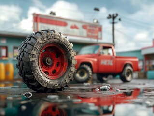 3D scene of a vintage red truck at a service station with a spare tire, cloudy sky background, reflective wet ground vehicle service
