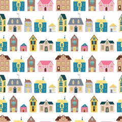 Colorful houses seamless pattern in flat style on white background