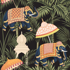 Indian elephant, umbrella, tropical palm tree seamless pattern. Jungle wallpaper.