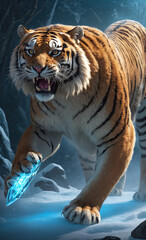 A formidable sabertooth tiger like found in the ice age, its form magnified not just in size but in presence, standing as a guardian of an unseen battlefield