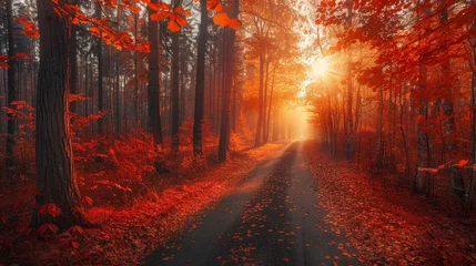 Tuinposter Bruin autumn road in sunrise- red color panoramic forest landscape