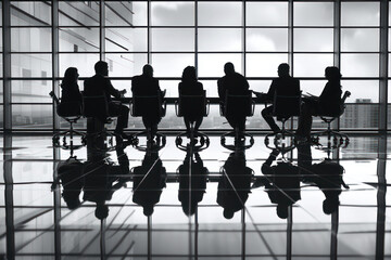 Silhouette of a corporate board meeting in progress, with participants reflected on a glossy table, set against a backdrop of a cloudy cityscape seen through large windows.