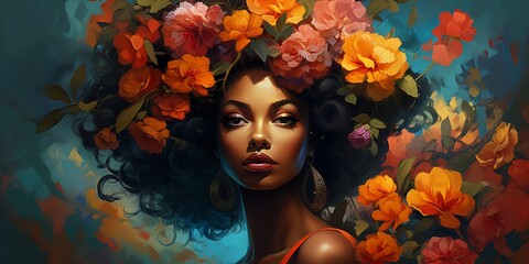 Obraz na płótnie Canvas Mystical African woman, her eyes reflecting the depth of the forest, adorned with a crown of enchanting flowers.