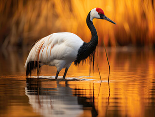 Naklejka premium Behold the Red-crowned Crane, poised amid wetland serenity, its crimson crown ablaze amidst tall grass, mirrored in tranquil waters—an ethereal marvel