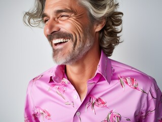 A man with a big smile on his face is wearing a pink shirt with flowers on it