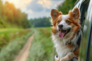 Joyful Dog Enjoying Car Ride on Sunny Country Road