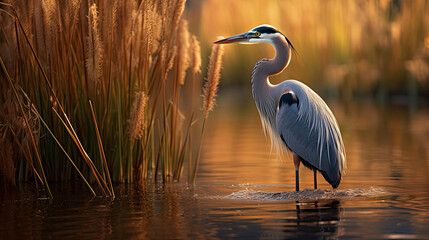 A majestic Great Blue Heron wades through serene wetlands, framed by towering reeds and shimmering waters—a breathtaking vision of grace and tranquility