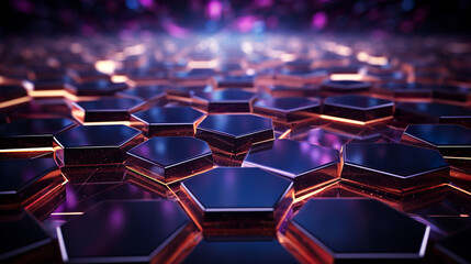 A multitude of interconnected hexagonal shapes create a vast surface area.The hexagons emit a warm orange glow along their edges,with cooler bluish and purple hues in the background.AI generated.