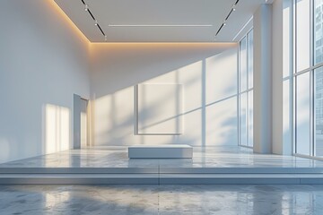 Spacious modern art gallery with natural light, simplistic design, and clear lines, concept of minimalism and purity