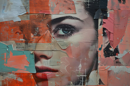 Torn paper and graffiti art collage of woman's eye. Generative AI image