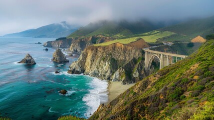 Bixby Creek Bridge on Highway 1 at the US West Coast traveling south to Los Angeles, Big Sur Area, California - obrazy, fototapety, plakaty