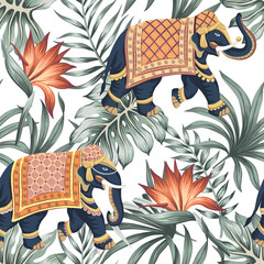Indian elephant, tropical palm leaves, strelitzia flowe seamless pattern. Jungle wallpaper.	 - 774080729
