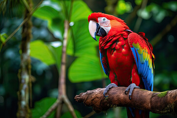 Mesmerizing capture: Scarlet Macaw perched amidst lush rainforest, vibrant plumage against lush green backdrop
