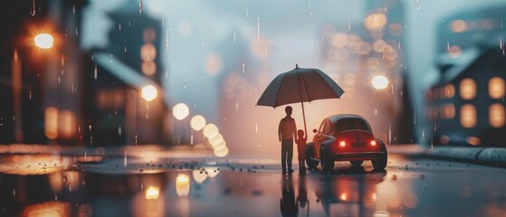 A small orange car is sitting in a puddle with a blue umbrella over it by AI generated image