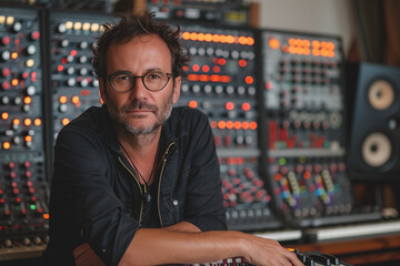 Sound engineer in a professional recording studio. Generative AI image