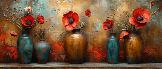 An abstract painting with an element of metal, a texture background, flowers, plants, and flowers in a vase.