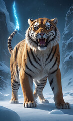 Fototapeta premium A formidable sabertooth tiger like found in the ice age, its form magnified not just in size but in presence, standing as a guardian of an unseen battlefield