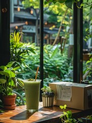 KS Photo of a matcha smoothie in a glass cup with a straw. - obrazy, fototapety, plakaty