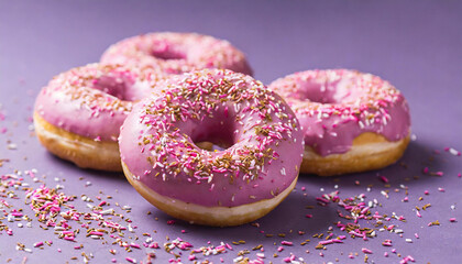 Tasty donuts with pink icing on purple background. Sprinkled sweet treat. Colorful glazed doughnut.